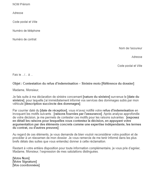 lettre contestation refus d'indemnisation moto