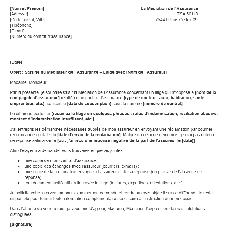 lettre mediateur assurance