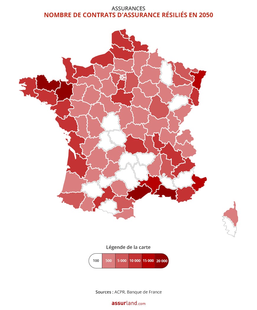 Carte de France des résiliations d'assurance en 2050 suite à la montée des eaux